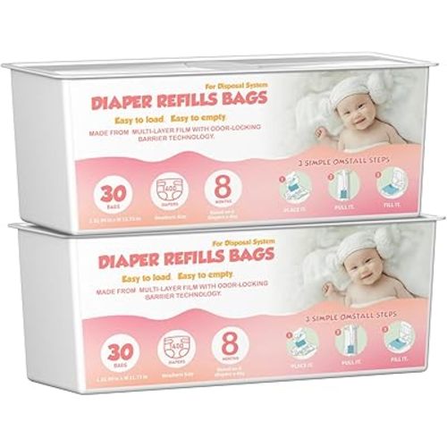Diaper Pail Easy Roll Refill Bags with 30 Bags Compatible with Genie Easy Roll Signature and Platinum Diaper Pails, 7-Layer Odor-Barrier Technology, Lasts Up to 8 Months, 60 Bags (2 Pack)