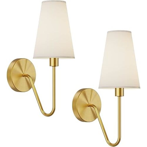 Electro bp;Single Head Classic 1 Light Wall Sconce Lighting Fixture Gold with Cream White Linen Fabric Lamp Shades E12 40W Hardwire(Set of 2);
