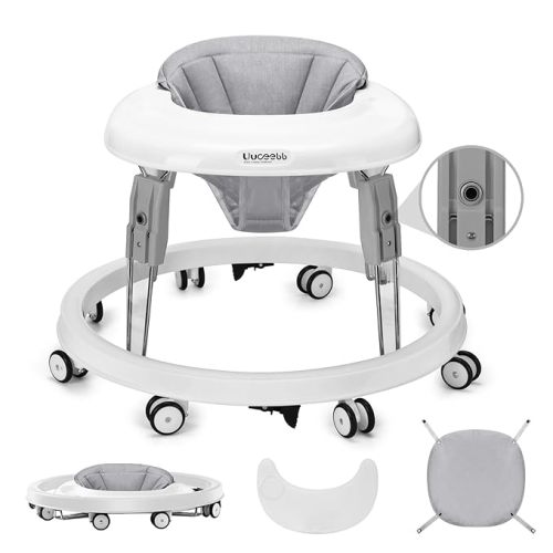 One-Touch Folding Baby Walker, Anti-Roll 8-Wheel Round Chassis, 5-Speed Height Adjustment, with Large Dinner Plate and Brake, 6-18 Months Baby Walker, Gray - Grey
