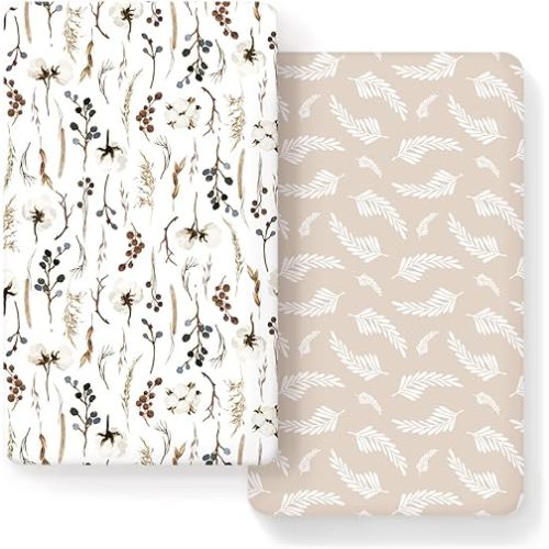 Stretch Ultra Soft Jersey Knit Fitted Crib Sheets Set 2 Pack, Fits All Standard Crib Mattress Pads Safe and Snug, Stylish Pretty Flora for Baby, Beige