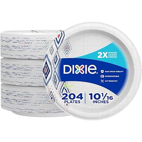 Dixie Large Paper Plates, 10 Inch, 204 Count, 2X Stronger, Microwave-Safe, Soak-Proof, Cut Resistant, Disposable Plates For Everyday Breakfast, Lunch, & Dinner Meals