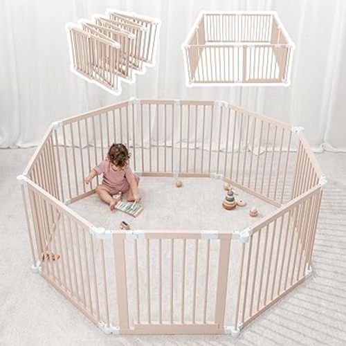 Baby Playpen & Baby Gate for Toddler and Babies, Foldable Wooden Large Shape & Size Adjustable Playard, Play Fence with Locking Gate Activity Center, Toddler Fence Play Area, Blush by Comfy Cubs
