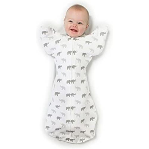 Amazing Baby Transitional Swaddle Sack with Arms Up Half-Length Sleeves and Mitten Cuffs, Tiny Elephants, Sterling, Medium, 3-6 months, 14-21 lbs (Better Sleep for Baby, Easy Swaddle Transition)