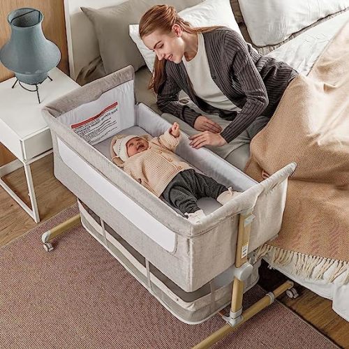 Baby Bassinet Bedside Sleeper, besrey Bedside Bassinet for Newborn Infant with Comfy Mattress, 9 Height Positions, Adjustable Bedside Crib with 360° Swivel Wheels Bassinet for Baby with Storage Basket - Warm Grey
