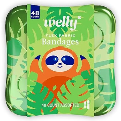 Welly Bandages | Adhesive Flexible Fabric Bravery Badges | Assorted Shapes for Minor Cuts, Scrapes, and Wounds | Colorful and Fun First Aid Tin | Pets Patterns - 48 Count