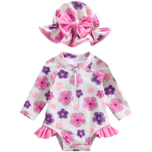 Baby Girls Swimsuit Long Sleeve Zipper Bathing Suit One Piece Swimwear with Hat
