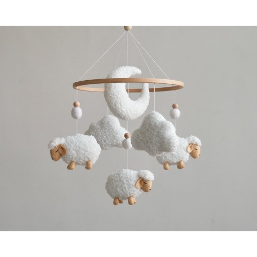 Boucle sheep baby crib mobile, Sheep baby mobile, Neutral nursery mobile, White boucle clouds mobile, Baby shower gift, Baby animal nursery
