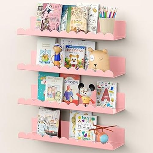 Nursery Book Shelves, 17 Inch Metal Floating Shelves for Wall 4 Pack, Scalloped Shelves, Wall Mounted Book Shelf for Kids Bedroom, Baby Room, Nursery Decor （Pink）