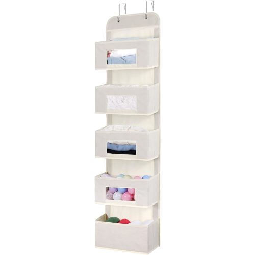 MAX Houser 5-Shelf Over The Door Hanging Organizer with 2 Metal Hooks, 5 Pocket Over The Door Wall Mount Storage with Clear Windows for Baby Nursery Bathroom Closet,Bedroom,Dorm,Diapers,Kids(Beige)