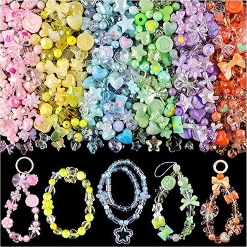 400-450PCS TINKRSTUFF Assorted Acrylic Beads For Bracelet Making, Cute Beads For Jewelry Making Flower Bow Butterfly Candy Gummy Bear Kawaii Aesthetic Beads,DIY Necklace Keychain Phone Charm(6 Colors)