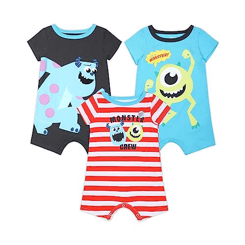 Disney Monsters Inc. Mike and Sully Boys 3-Pack Baby Romper Short Set for Newborn and Infants