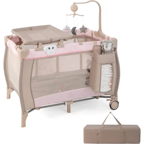 HONEY JOY Pack and Play, 3 in 1 Portable Baby Playard with Bassinet, Changing Table, Lockable Wheels, Music Box, Foldable Travel Baby Crib Nursery Center from Newborn to Toddler (Coffee Pink)