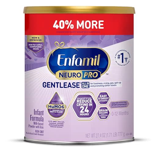 Enfamil NeuroPro Gentlease Baby Formula, Brain Building DHA, HuMO6 Immune Blend, Designed to Reduce Fussiness, Crying, Gas & Spit-up in 24 Hrs, Prebiotics to Promote Softer Stools, Baby Milk, 27.4 Oz