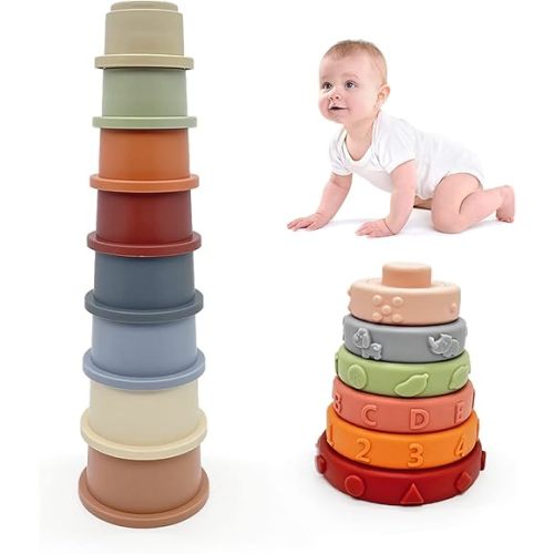 AESTEMON Lot de 2 jouets empilables Montessori pour bébé de 6 à 12 mois - Tasses et anneaux empilables - Jouets pour bébé de 6 mois avec lettres et animaux - Couleurs et formes - Jouets éducatifs pour