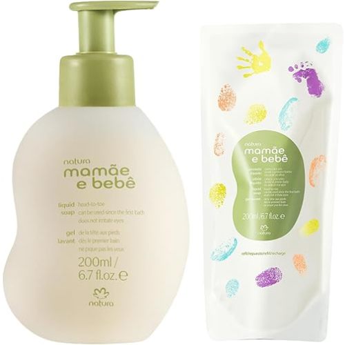natura - Mamãe e Bebê Baby Head to Toe Liquid Soap with Refill - Multipurpose Baby Wash - 100% Vegan - 98.5% Natural Origin - All Skin Types - Cruelty Free - Baby Essentials - 6.7 fl oz (200ml)