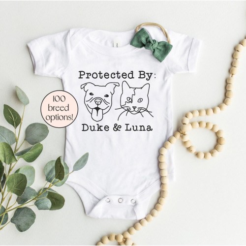 Protected By Dog Onesie®, Custom Dog Breed Onesie®, Personalized Dog Name Baby Onesie®, Cat Baby Onesie®, Baby Shower Gift, Newborn Gift