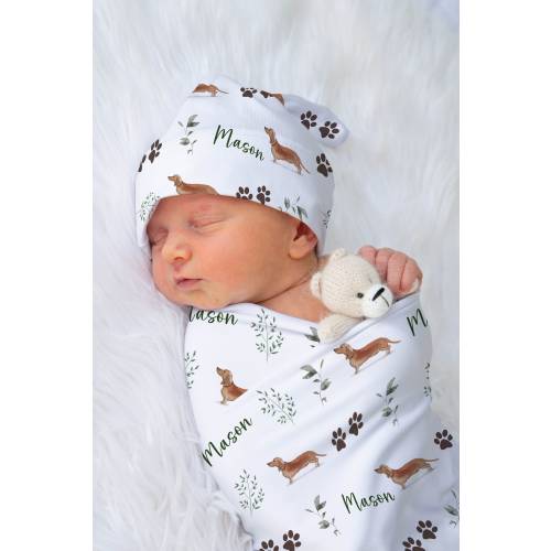 Dachshund Swaddle Set Custom Baby Boy Girl Personalized Doxie Swaddle Blanket Dachshund Receiving Blanket Newborn Coming Home Outfit Baby