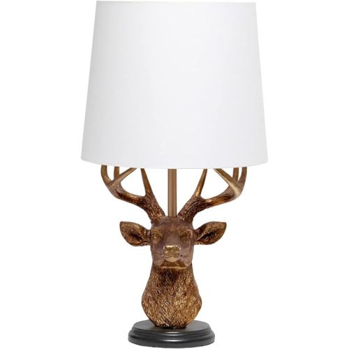 Simple Designs LT1095-CPR Woodland 17.25" Tall Rustic Antler Copper Deer Bedside Table Desk Lamp w Tapered White Fabric Shade for Décor, Cabin, Lodge, Mancave, Novelty, Living Room, Bedroom, Entryway