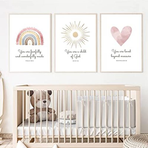 Boho Nursery Wall Art 3 Pieces Bible Verse Nursery Art Christian Girls Nursery Wall Art Heart Rainbow Sun Nursery Art Print Boho Sunshine Decor for Girl Baby Kid Room Decor 16x24 Inch Unframed