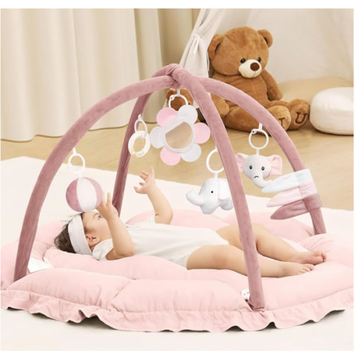 ANGELBLISS 5 in 1 Baby Play Gym Mat, Reversible Tummy Time Mat with 5 Sensory Toys for Stage-Based Developmental, Thick & Large Baby Activity Center from Newborn to Toddler (Purple)