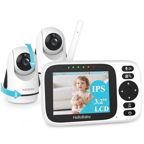 HelloBaby 3.2'' Baby Monitor 2 Cameras,Video Audio Baby Monitor No WiFi, Remote Pan-Tilt-Zoom,AUTO Night Vision, ECO, 2-Way Talk,8 Lullabies and 1000ft Range, Temperature, Gifts for Parents and Babies