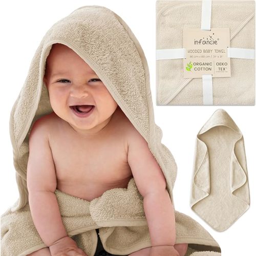 Organic Cotton Low-Twist Woven Hooded Baby Towels, 31x31 Inches, Soft Bath Towels with Hood for Newborns and Kids, Girls & Boys (Ivory, 31.4" L x 31.4" W)