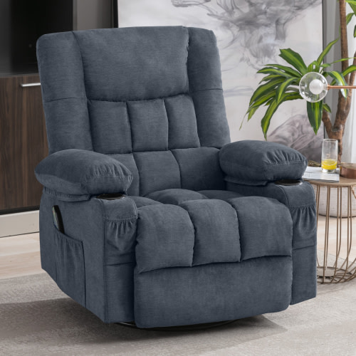 BOSMILLER Massage Rocker Recliner Chair with Vibration Massage and Heat Ergonomic Lounge Chair for Living Room with Rocking Function and Side Pocket, 2 Cup Holders, USB Charge Port,Blue