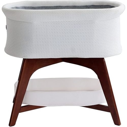 Evi Smart Baby Bassinet Beside Sleeper with Auto-Glide, Ambient Nightlight & Sensory Sounds, Compatible with Alexa and Google Home, Includes 2 Sheets (Soft White W/Natural Legs)