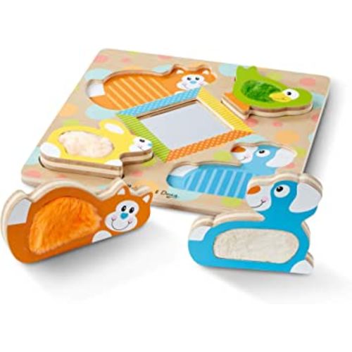 Melissa & Doug First Play Wooden Touch and Feel Puzzle Peek-a-Boo Pets With Mirror