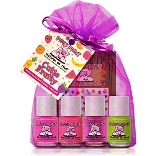Piggy Paint | 100% Non-Toxic Girls Nail Polish | Safe, Cruelty-free, Vegan, & Low Odor for Kids | Cutie Fruity (4 Polish + Nail Art Gift Set)
