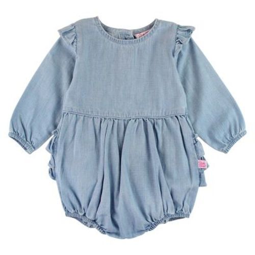 RuffleButts Baby Toddler Girls Long Sleeve Flutter Bubble Romper - Denim, 0-3 Months