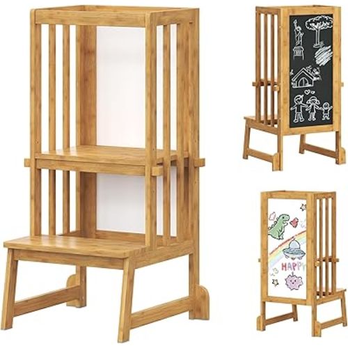 Bamboo Toddler Tower, 3 in 1 Adjustable Learning Standing Tower, Kitchen Bathroom Stool for Kids with Chalkboard, Backrest and Nonslip Feet, Anti-tip Toddler Tower for Boys Girls