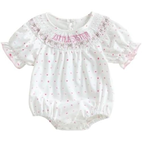 Summer Infant Baby Girl Short Sleeve Romper Little Sister Embroidered Bodysuit Jumpsuit Sister Matching Outfit