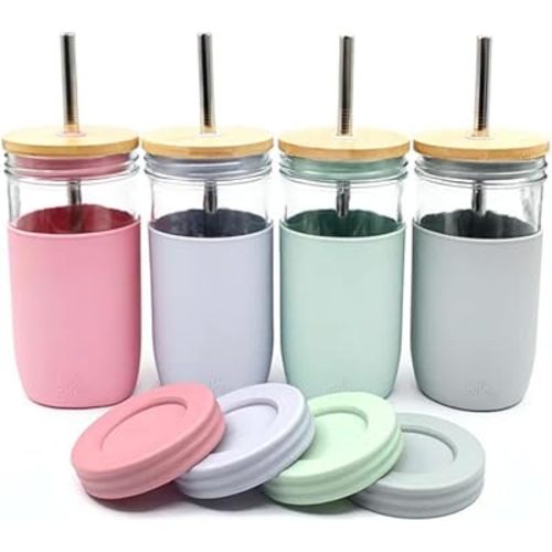 Elk and Friends 24oz Glass Mason Jar – Pack of 4 | Bamboo Straw Lids + Stainless Steel Straws | Smoothie + Iced Coffee + Bubble Tea Cups | Glass Cups with Lids and Straws | Dishwasher Safe