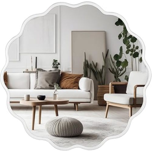 22 Inch Round Wall Mirror Scalloped White Mirror -Large Decorative Metal Frame Hanging Circle Mirror Modern Farmhouse Decor for Bathroom,Living Room, Nursery Decor (White)