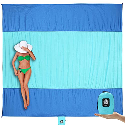 WEKAPO Beach Blanket Sandproof Waterproof, Extra Large Beach Mat, Oversized & Compact Sand Free Mat Quick Drying, Lightweight & Durable with 6 Stakes & 4 Corner Pockets
