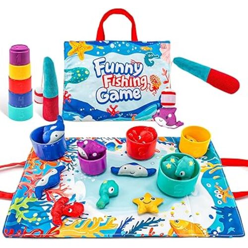Funny Old Man Fishing Game for Toddlers 1-3, Sorting & Stacking Baby Toys with 2 Fishing Poles, 15 Sea Animals, 5 Stackable Buckets, Ocean Mat - Montessori Toys for 6M+