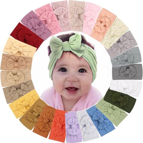 25 Pack Soft Wide Turban Baby Headbands with nylon Hair Bow Headwraps for Baby Girls Infants Newborn Hair Accessories Toddlers Kids and Children