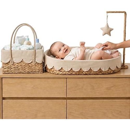 All-in-One Baby Changing Basket with Pad and Diaper Caddy Organizer, Handwoven Wicker Changing Basket for Dresser, Waterproof Changing Pad, Toy Bar with Plush Star, Washable Linen Cover