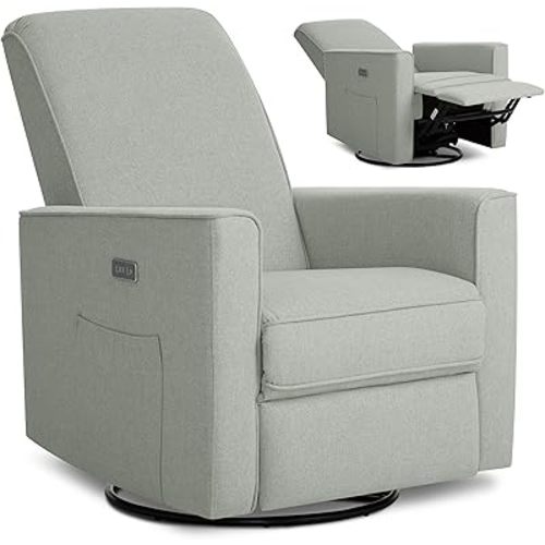 évolur Harlow Upholstered Power Glider Recliner with USB Charging – Rocking & 275° Swivel with Smooth Glide – Greenguard Gold & FSC Certified – Modern Nursery and Living Room Chair in Light Grey