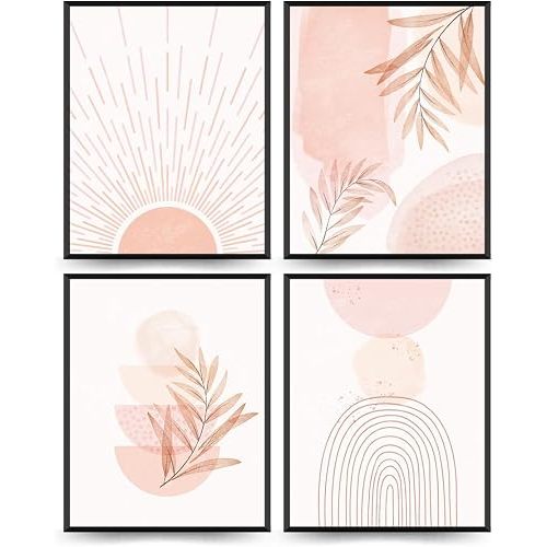 PLKMN Pink Boho Wall Art Prints Set of 4, Abstract Sun Wall Decor Aesthetic, Watercolor Pictures Neutral Pink Prints Decor for Living Room Bedroom Home, 8x10 Prints Unframed Art