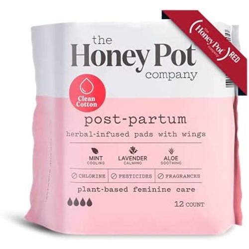 The Honey Pot Company Clean Cotton Postpartum Pads (12 Count), Herbal-Infused, Postpartum and Maternity Pads with Wings, Plant-Derived Feminine & Menstrual Care