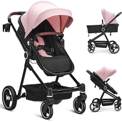 2 in 1 Baby Stroller for Toddler 0-3, Bassinet Stroller for Toddler with Large Storage Basket, Shock Absorbing,Stroller for Newborn with Removable Seat, Cup Holder,Stroller That Converts to Bassinet