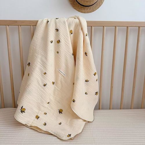 BuLuTu 2 Layers Large Muslin Cotton Blanket for Toddler Boys Girls, Soft Breathable Crib Blankets,Thin Baby Quilt for Summer, Lemons Pattern, 47"x51"