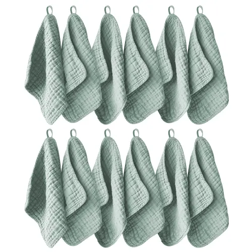 12 Pack Muslin Washcloths for Baby - 100% Cotton Baby Wash Cloths for or Baby Face Body Comfy and Soft for Newborn Infants Kids Girls and Boys - 12"x12" - Green