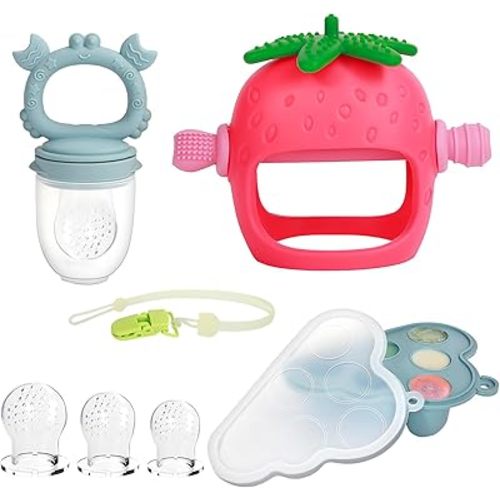 Baby Teething Toys and Fruit Feeder Breastmilk Popsicle Mold Set, Silicone Teether Food Feeder Pacifier Teething Relief Toy Set with Frozen Tray Baby Feeding Teething Essentials for 0+ Months