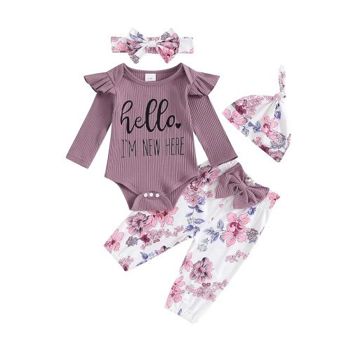 Hello World Newborn Outfit Baby Girl Going Home Outfit Ruffle Ribbed Romper Top Floral Pants Set Cute Summer Clothes