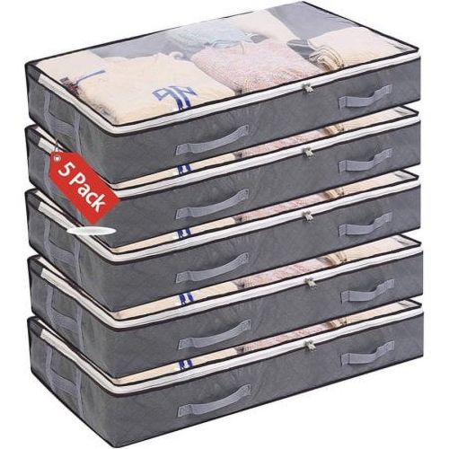 5 Pack Underbed Storage Bags, 75L Foldable Clothes Bag Large Capacity Storage Containers, with Clear Window Reinforced Handles Zippered Organizer for Comforter, Blanket, Bedding