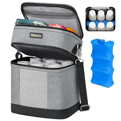 Mancro Breastmilk Cooler Bag with Ice Pack, insulated bottle bag for Daycare and Travel, Double Layer Baby Bottle Cooler Bag Fits 6 up to 9 Ounces for Nursing Moms, Light Grey