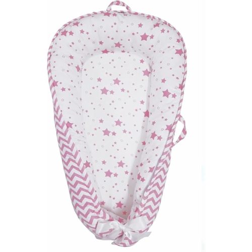 Baby Nest, Baby Lounger, Organic Cotton Lounger for Baby, Reversible Breathable Adjustable Portable - Star Collection (Pink)